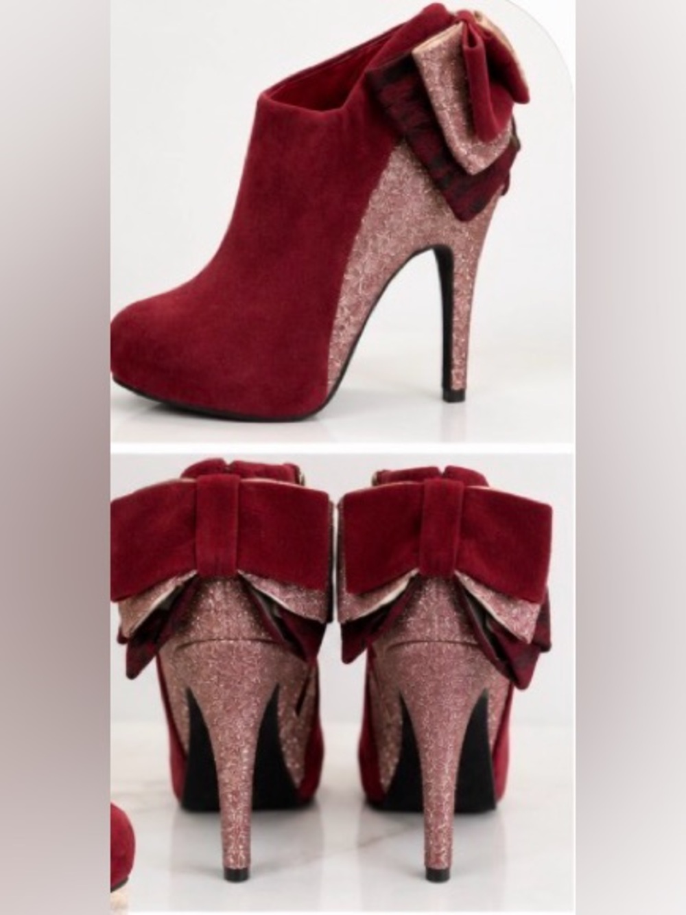 Bamboo Rhythm-73 Burgundy Glitter Bow Stiletto Booties Size 9 - Picture 5 of 9
